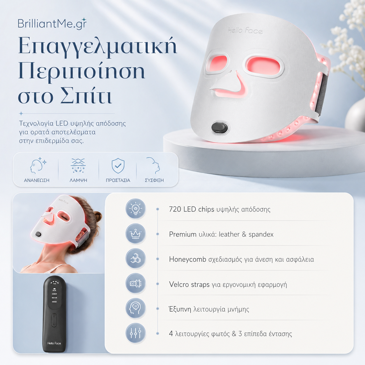 LED Μάσκα Φωτοθεραπείας Προσώπου 4 σε 1