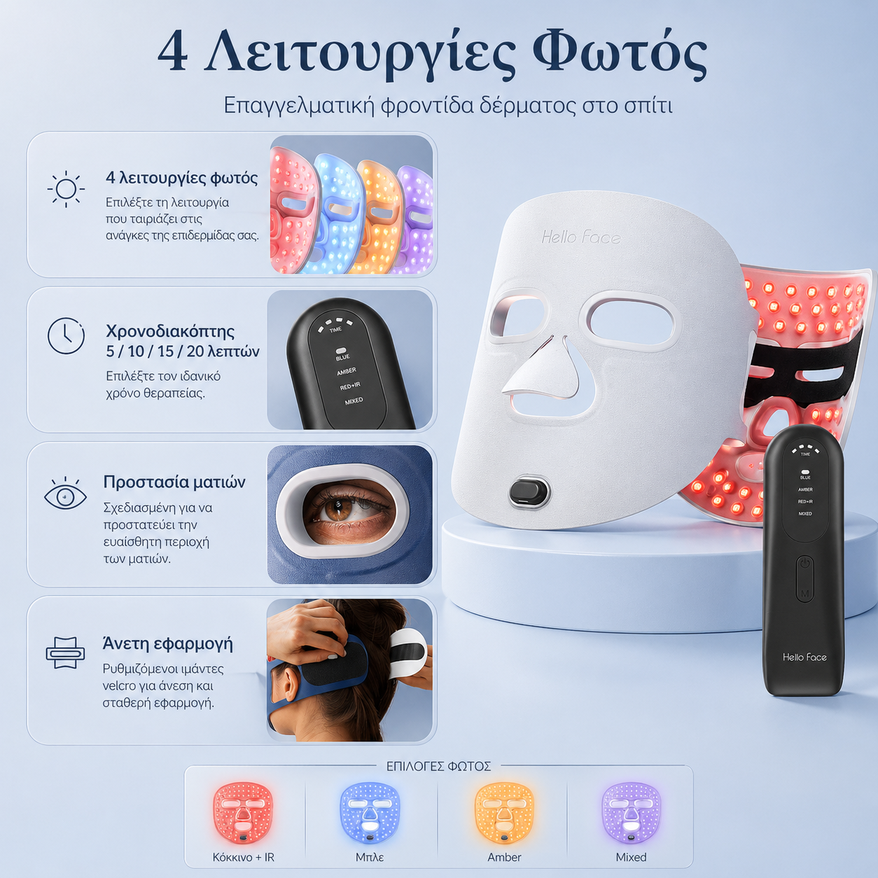 LED Μάσκα Φωτοθεραπείας Προσώπου 4 σε 1